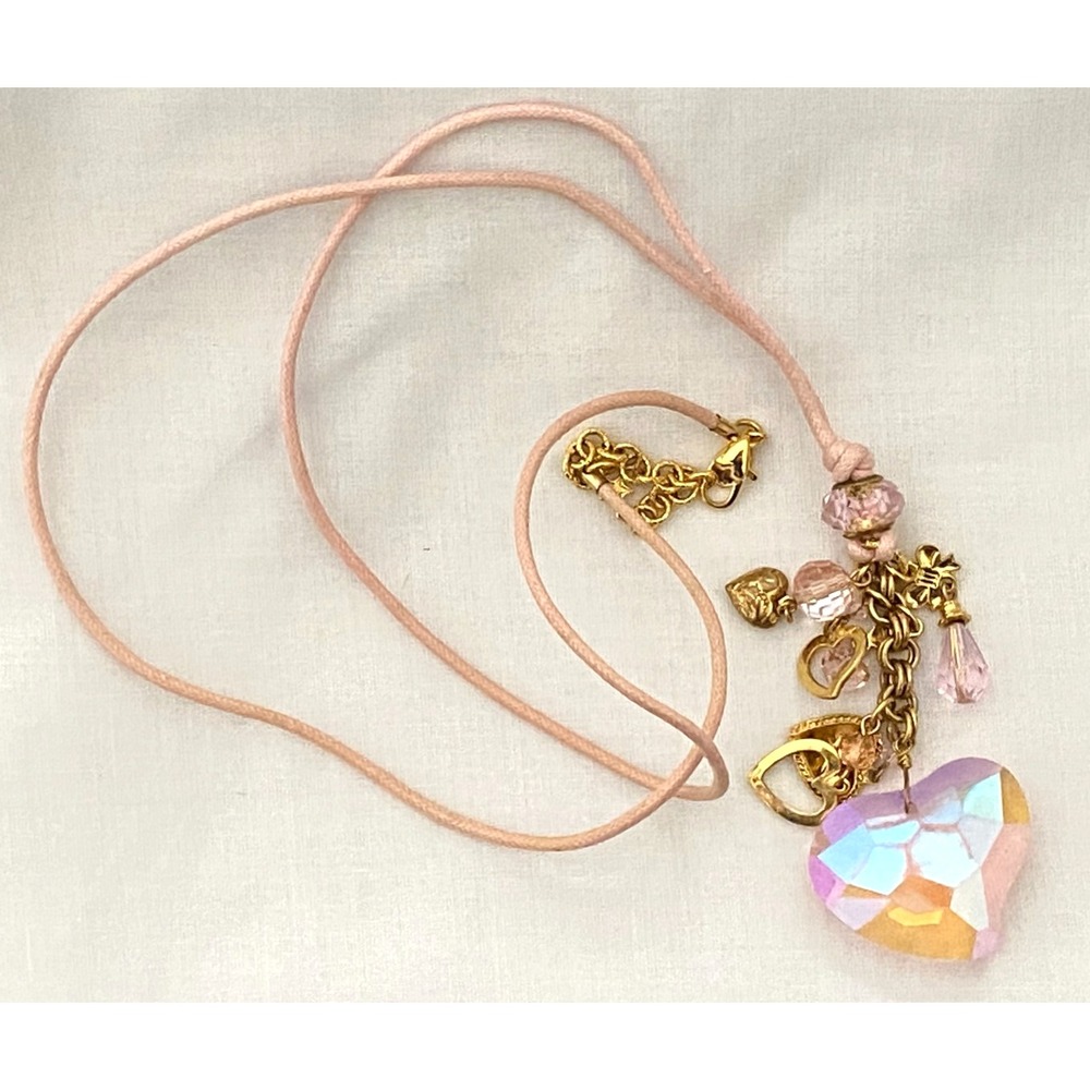 Kirks Folly Necklace PINK Cord Iridescent HEART Gold-tone CHARMS Crystals